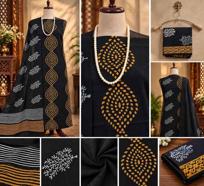 051 - Black Cotton Bagru Print Suit