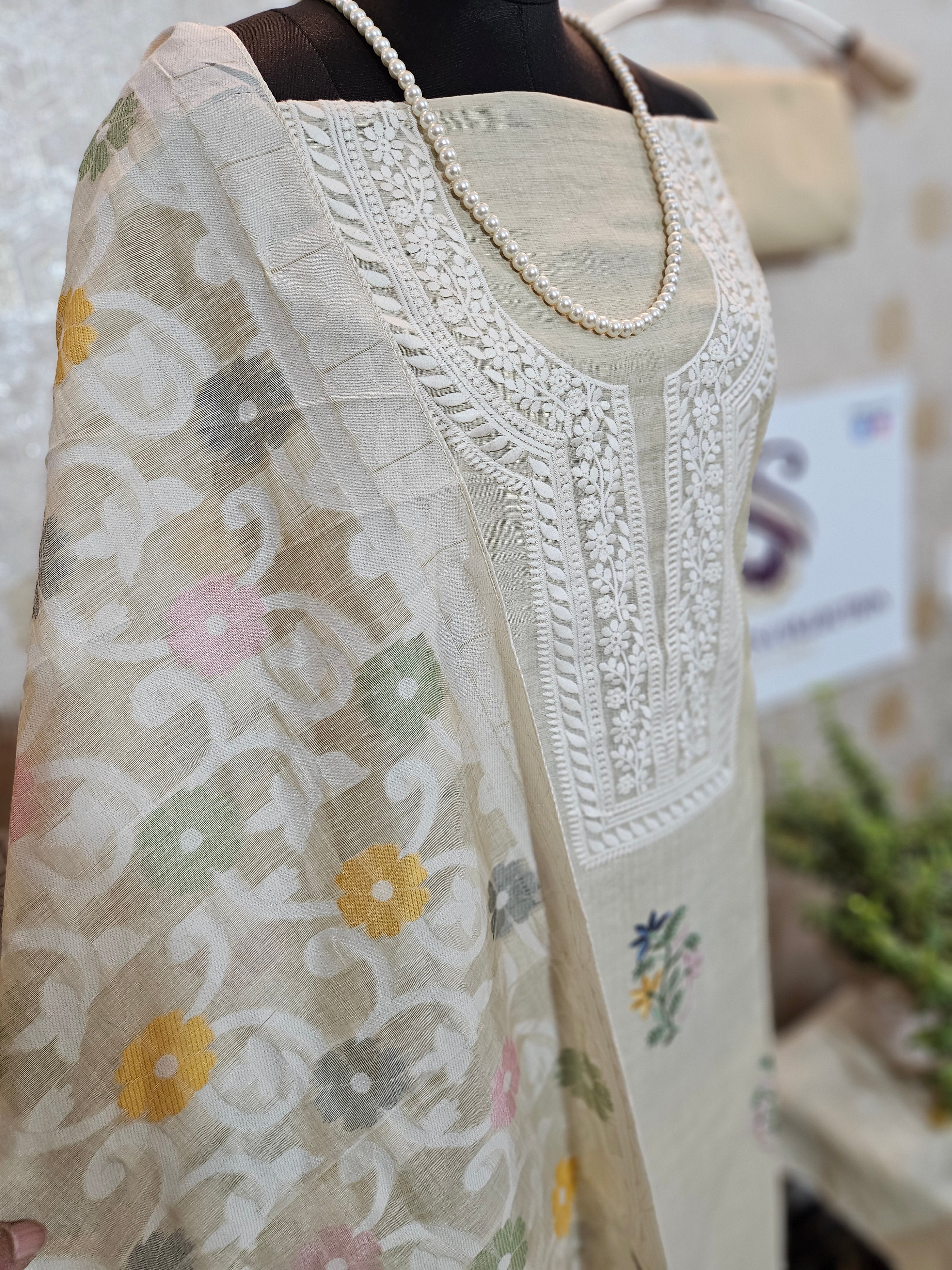 075 : Off White Chanderi Cotton Suit