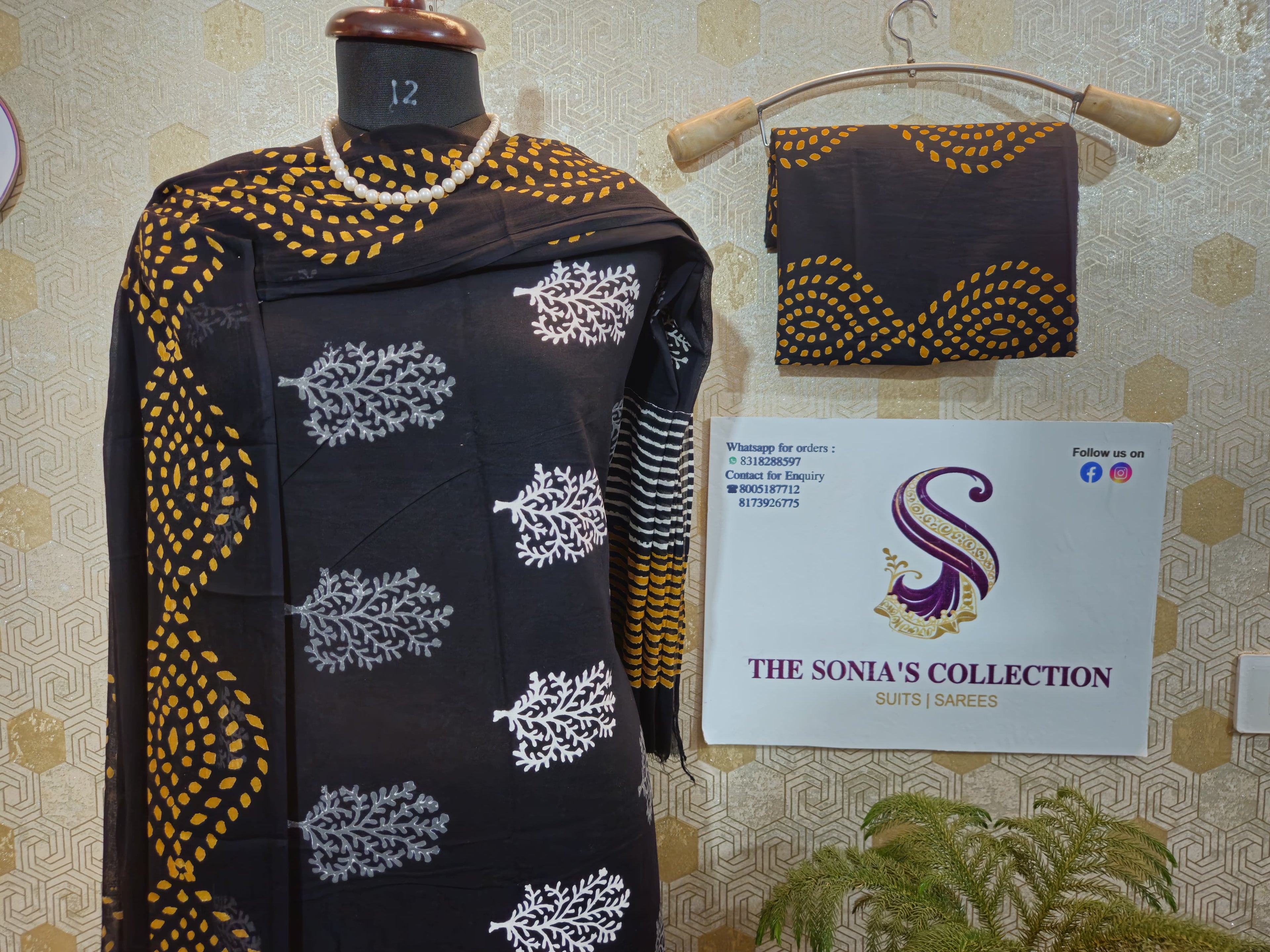 051 - Black Cotton Bagru Print Suit