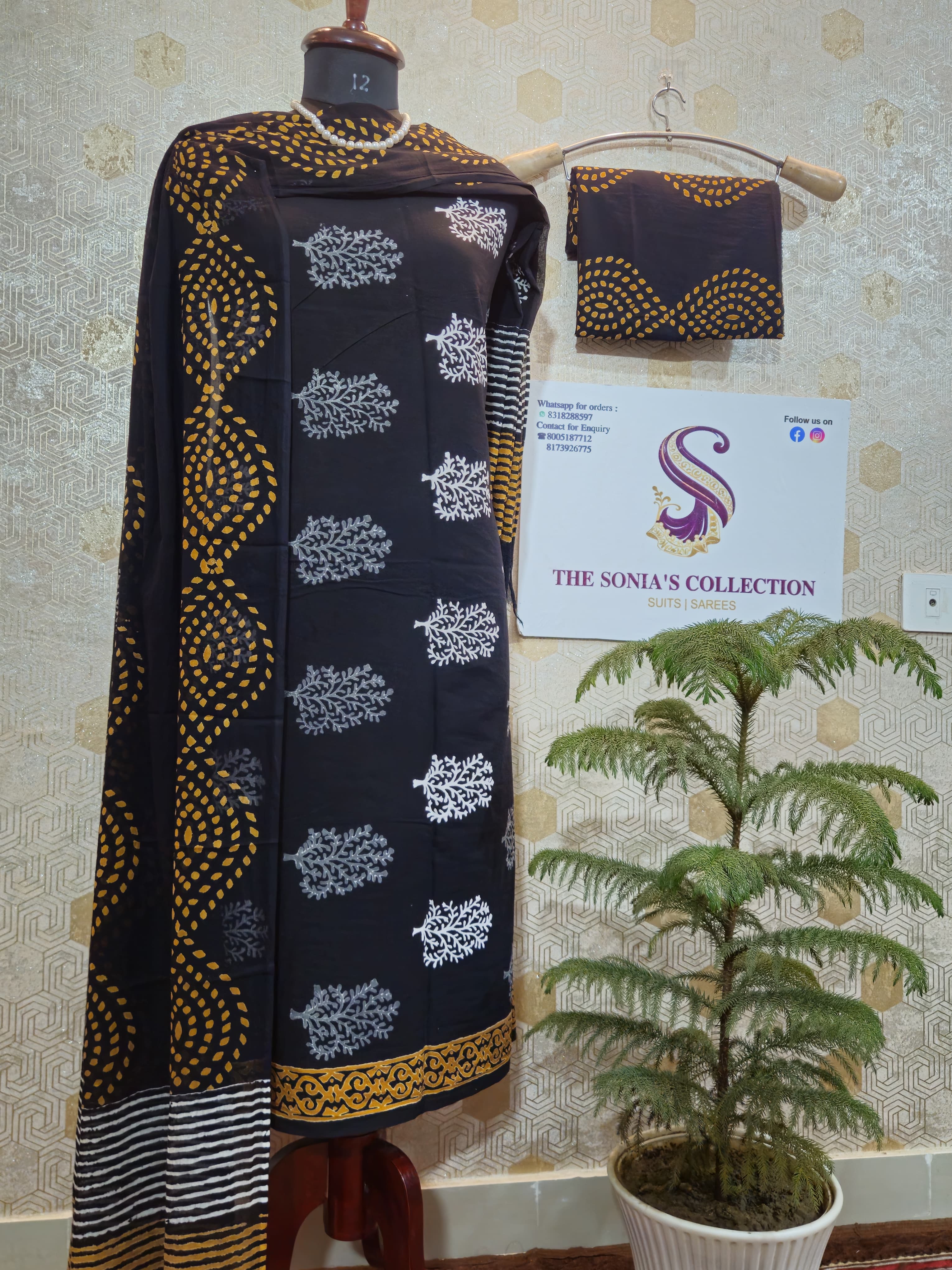 051 - Black Cotton Bagru Print Suit