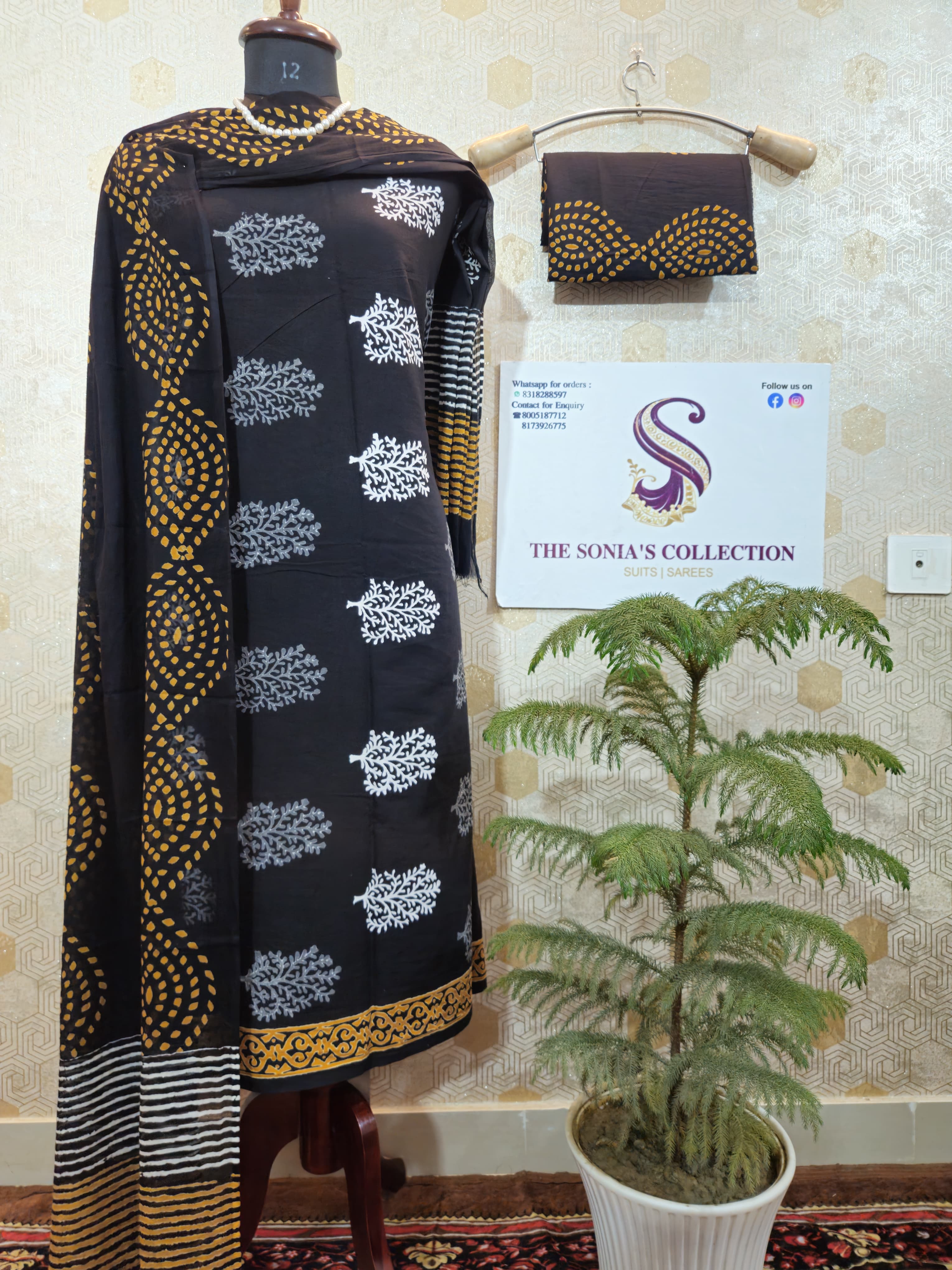 051 - Black Cotton Bagru Print Suit