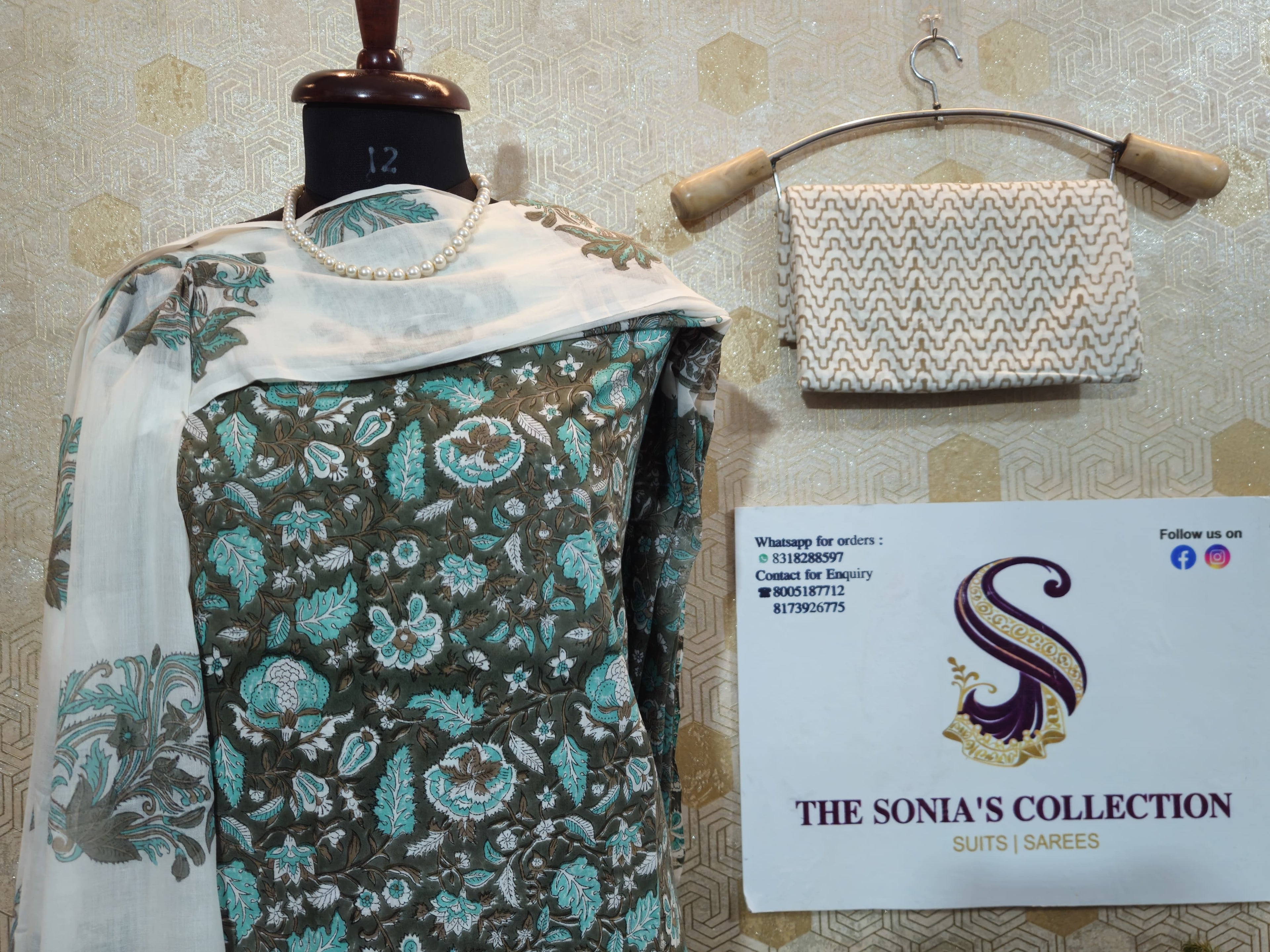 048 - Olive Green Cotton Bagru Print Suit