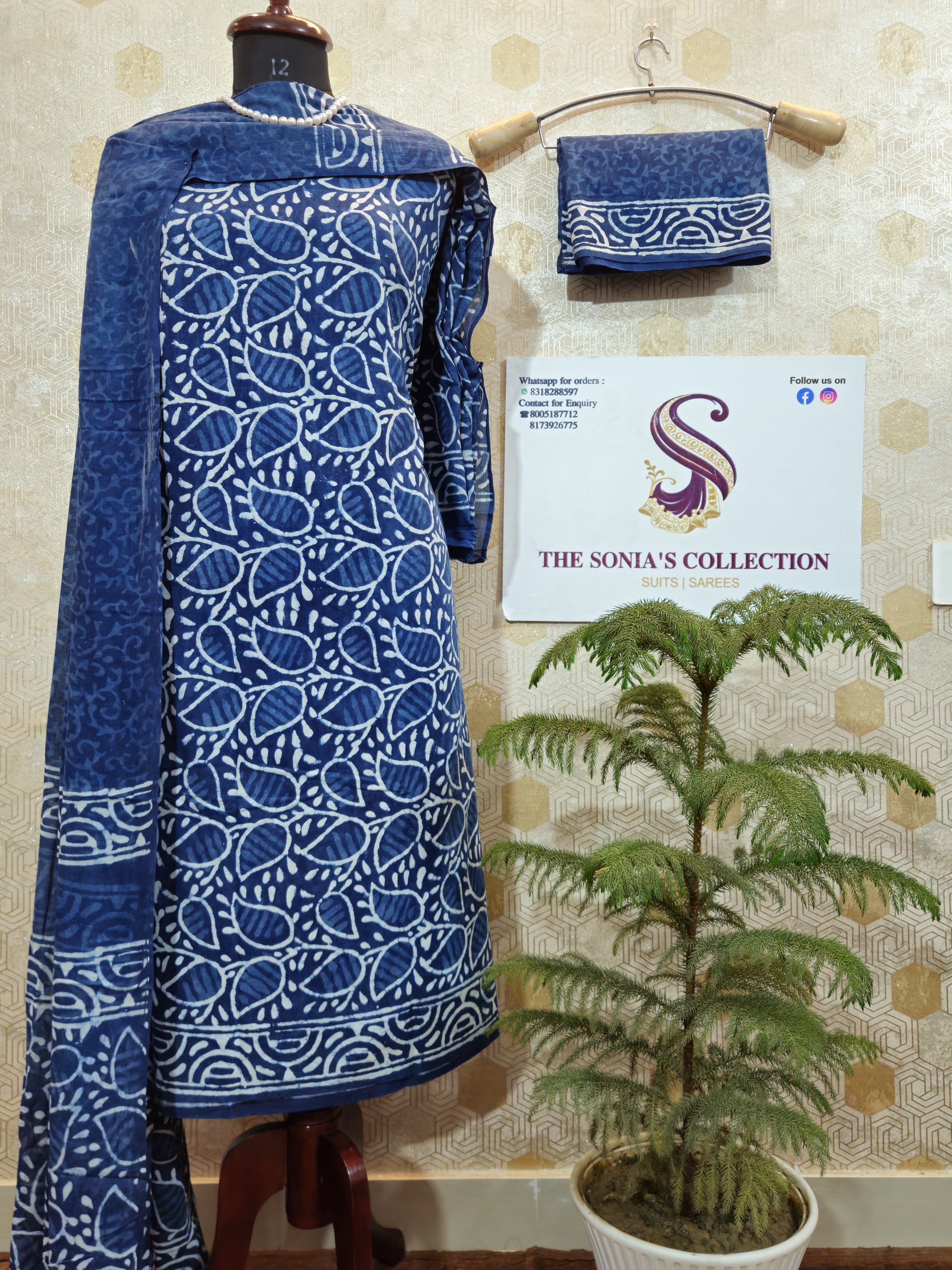 050 - Blue Cotton Bagru Print Suit