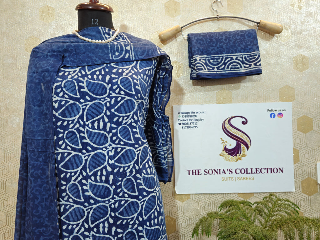 050 - Blue Cotton Bagru Print Suit
