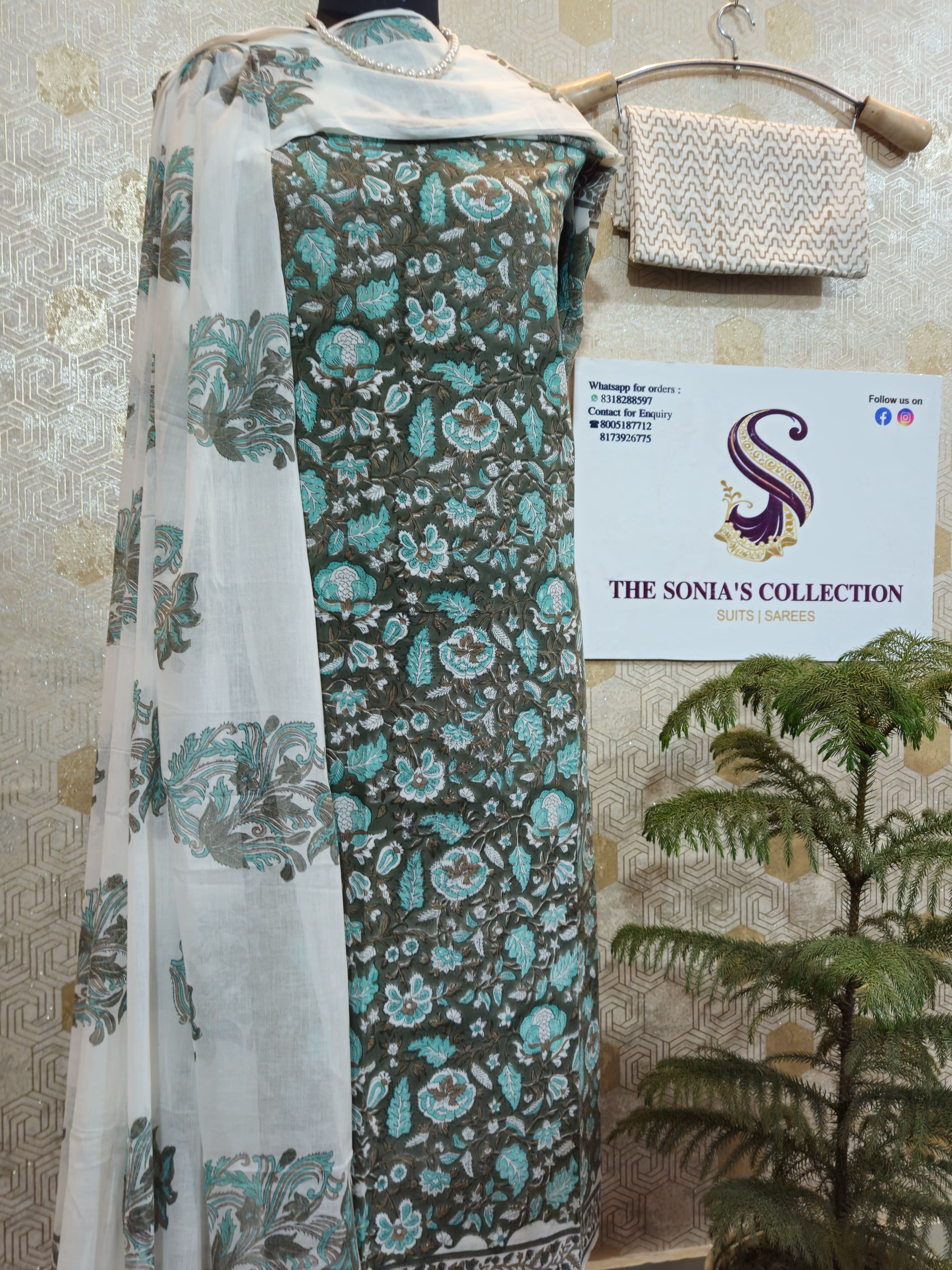 048 - Olive Green Cotton Bagru Print Suit