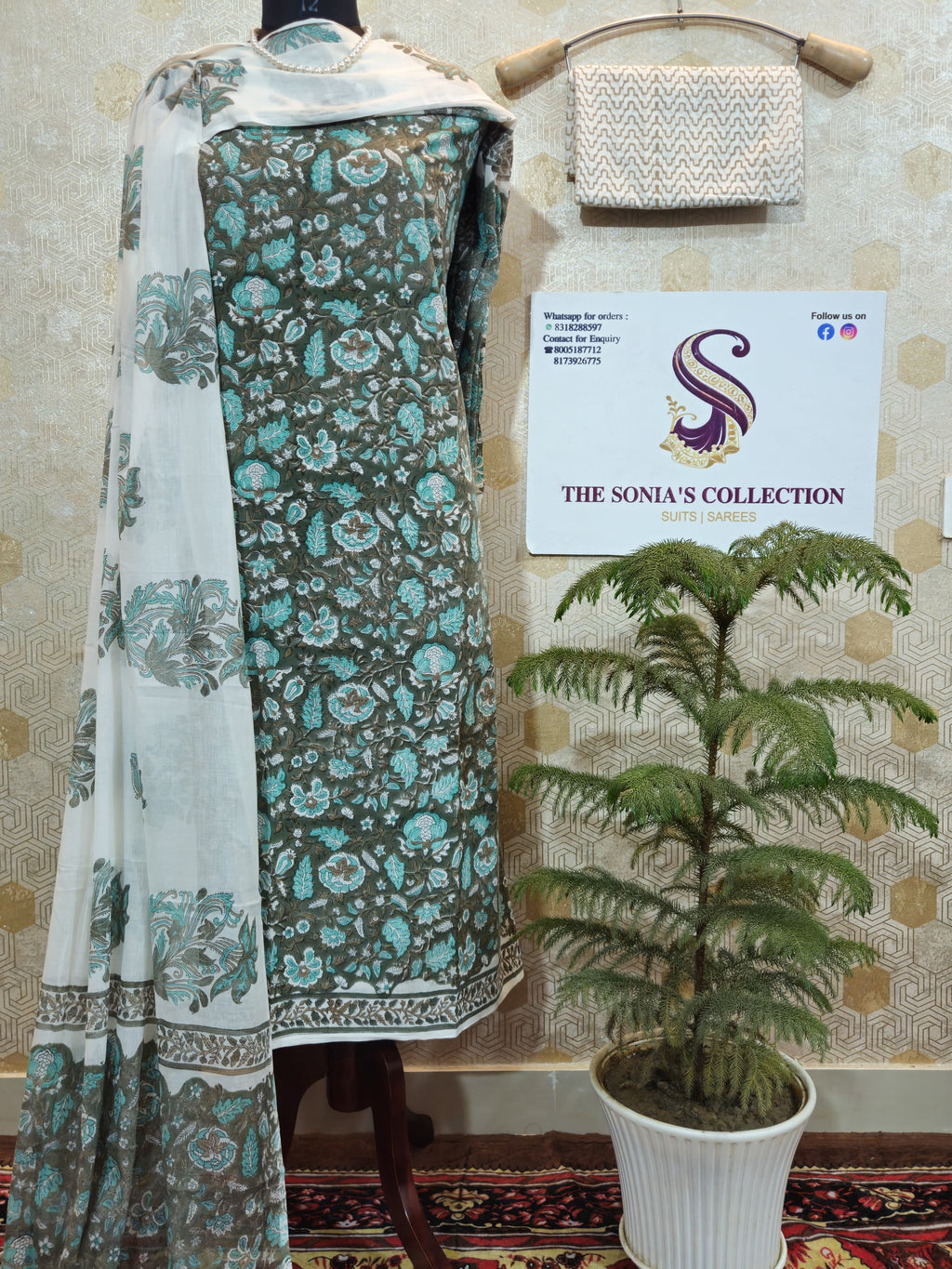 048 - Olive Green Cotton Bagru Print Suit