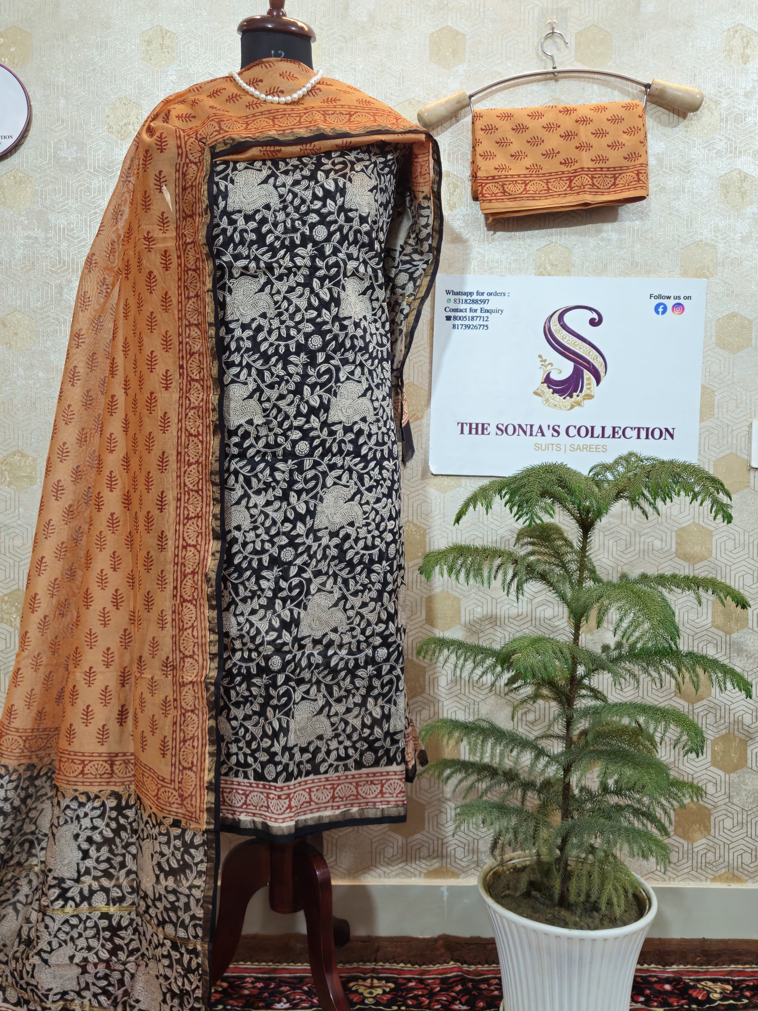 046 -  Black and Rust Bagru Print Suit