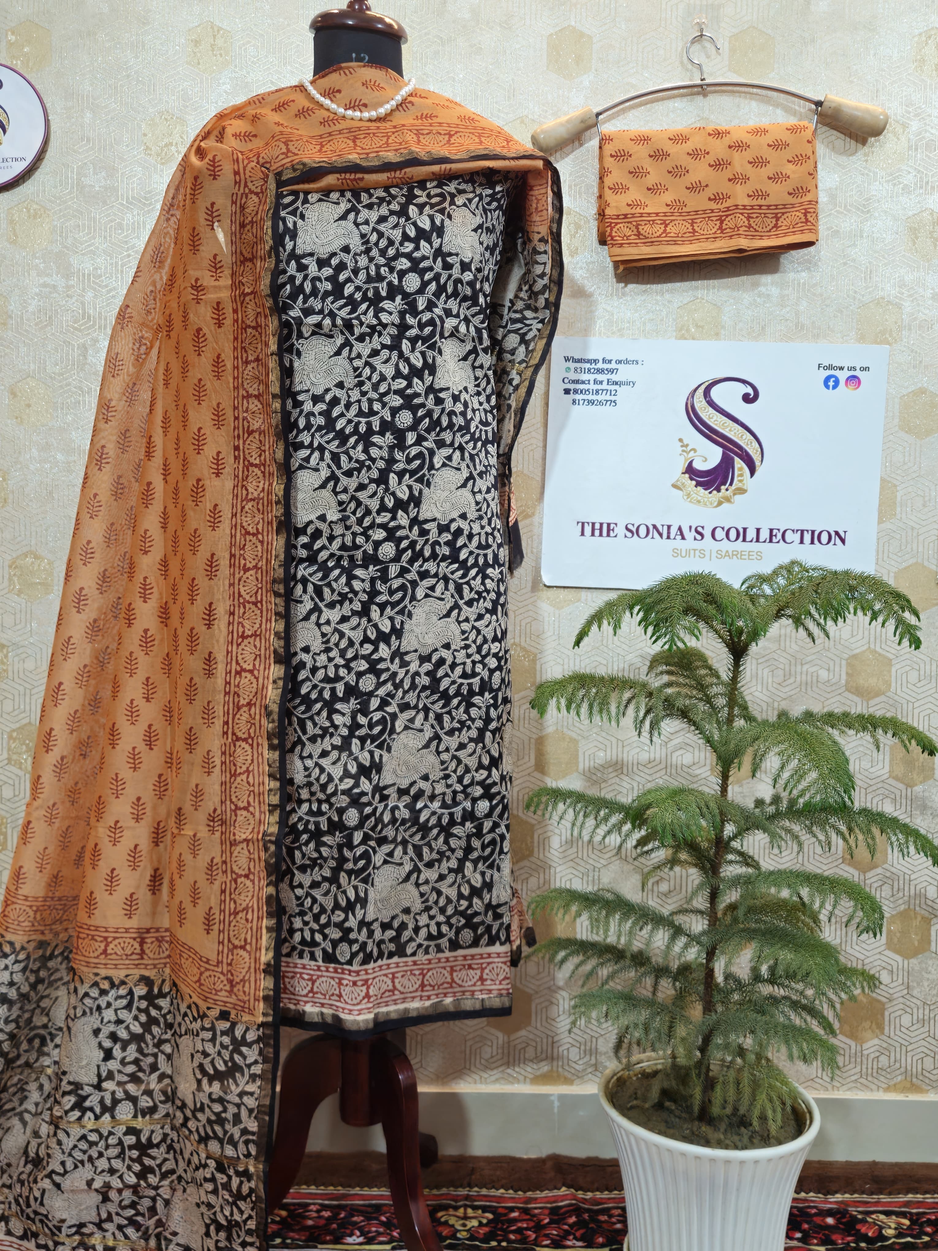 046 -  Black and Rust Bagru Print Suit