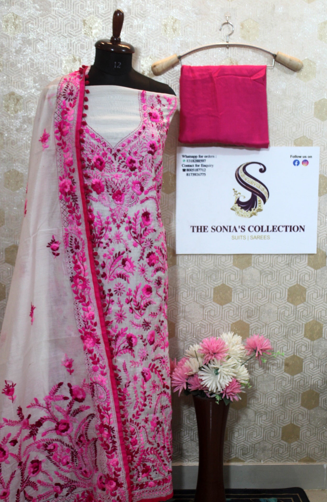 0012 - Off White with Magenta pink Embroidery Phulkari Suit