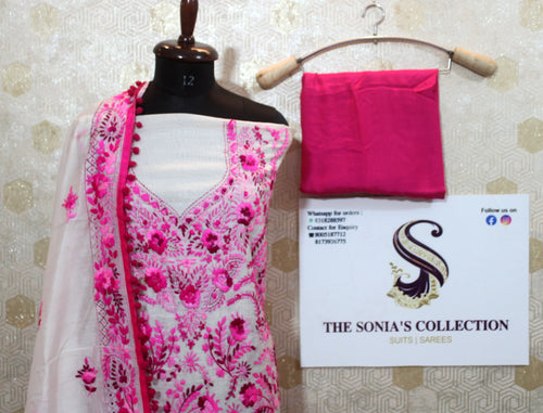 0012 - Off White with Magenta pink Embroidery Phulkari Suit