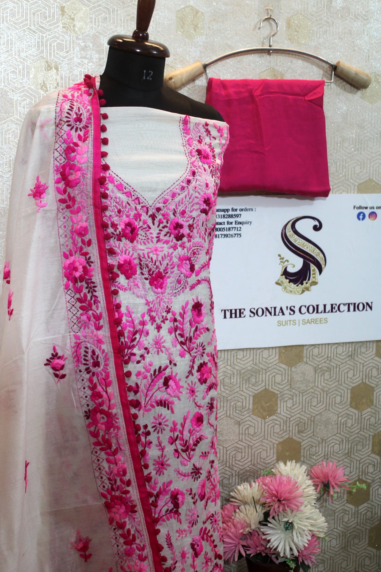 0012 - Off White with Magenta pink Embroidery Phulkari Suit