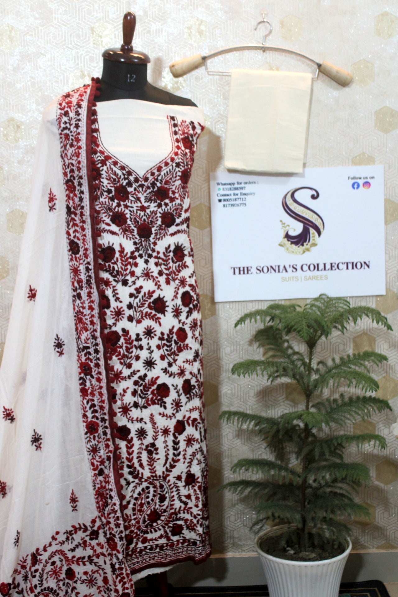 0014 -  Off White with Maroon Embroidery Phulkari Suit