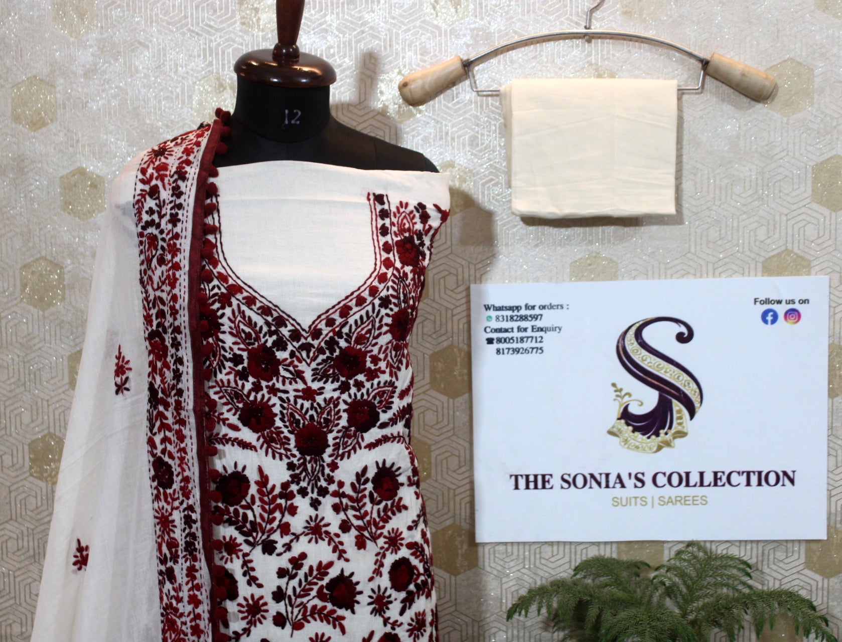 0014 -  Off White with Maroon Embroidery Phulkari Suit