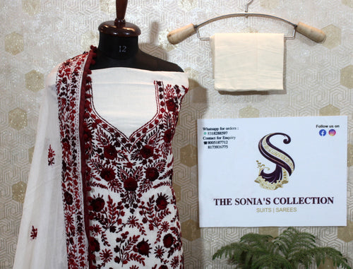 0014 -  Off White with Maroon Embroidery Phulkari Suit