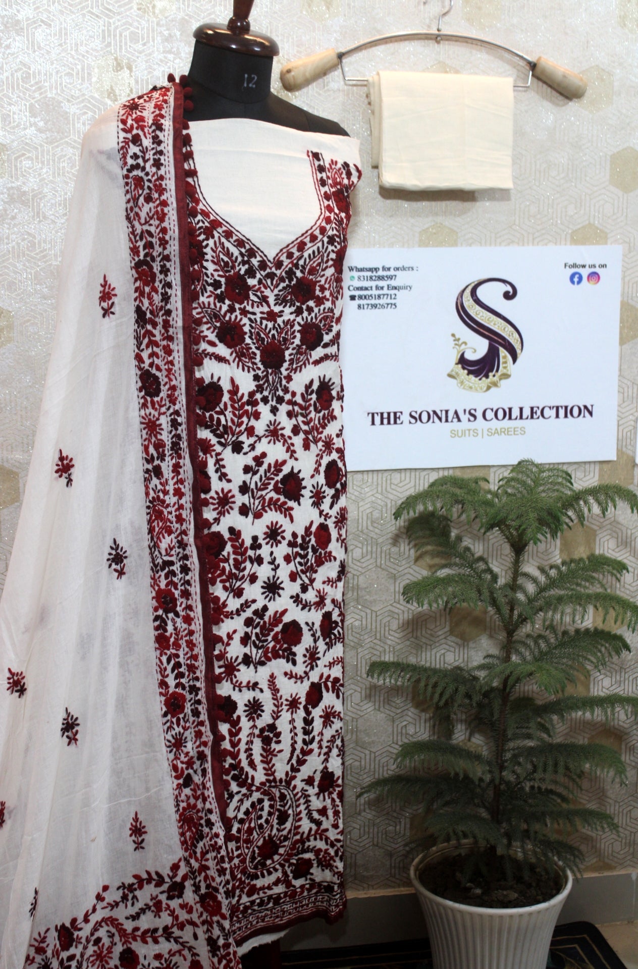 0014 -  Off White with Maroon Embroidery Phulkari Suit