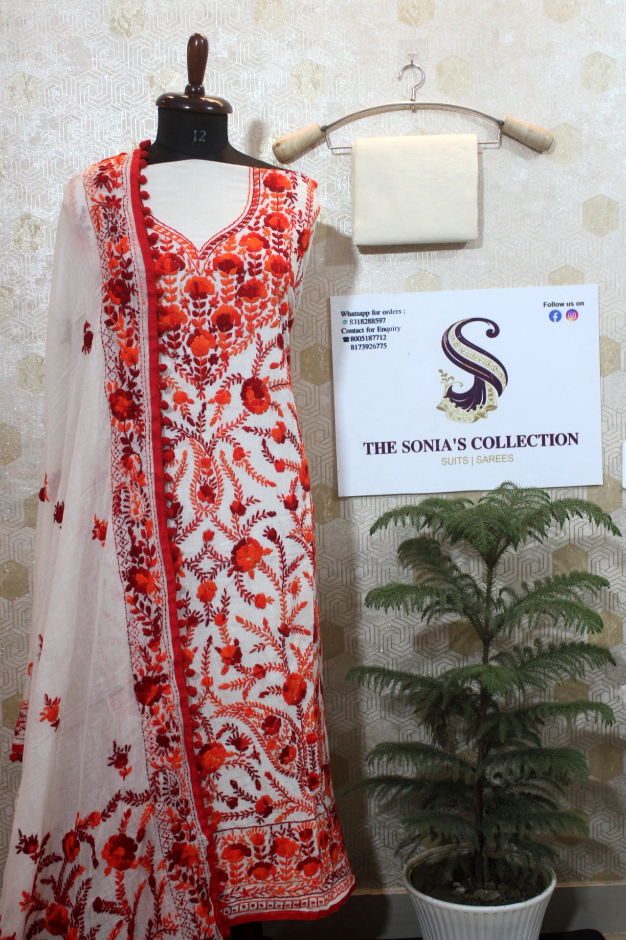 0016 -Off White with Red Embroidery Phulkari Suit