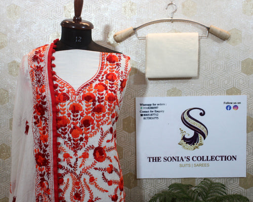 0016 -Off White with Red Embroidery Phulkari Suit