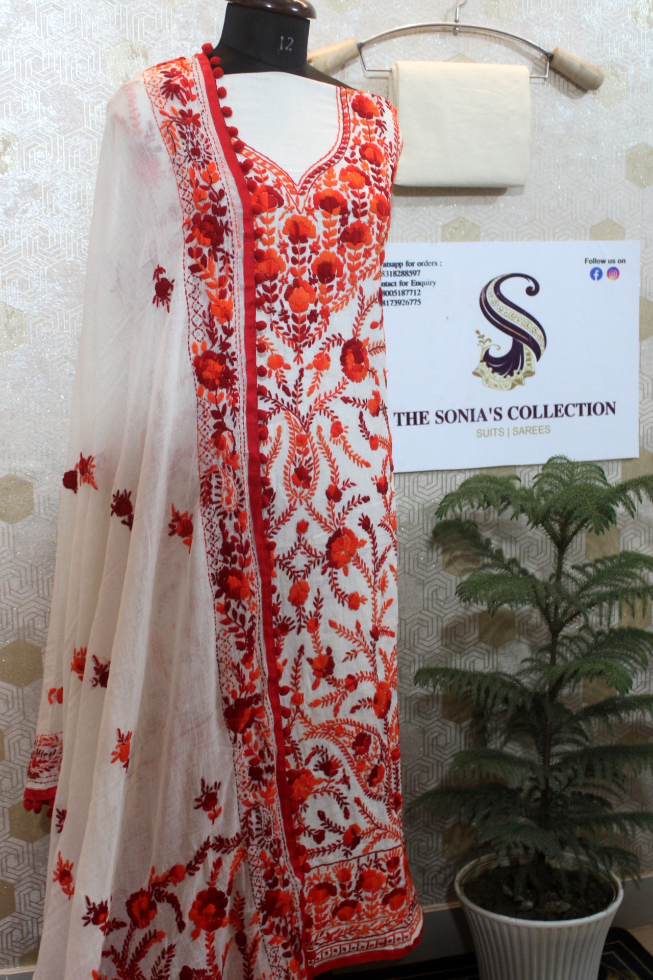 0016 -Off White with Red Embroidery Phulkari Suit