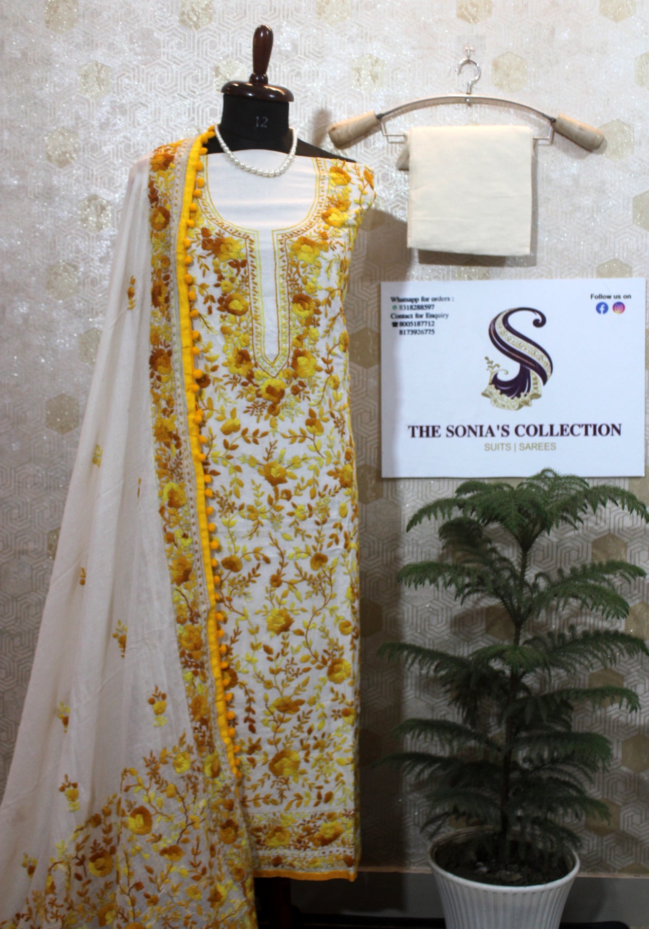 0018 -Off White with Yellow Embroidery Phulkari Suit