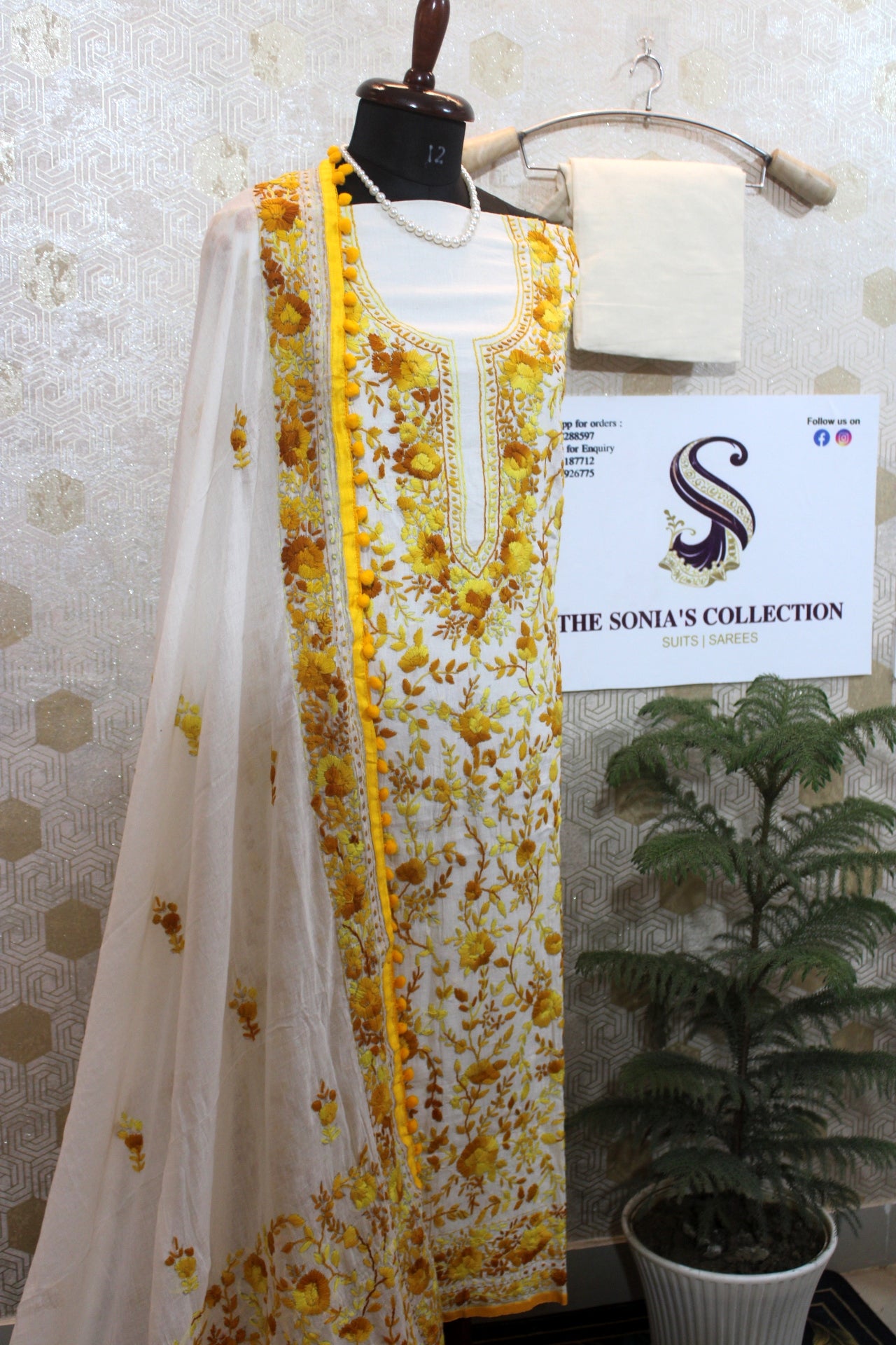 0018 -Off White with Yellow Embroidery Phulkari Suit
