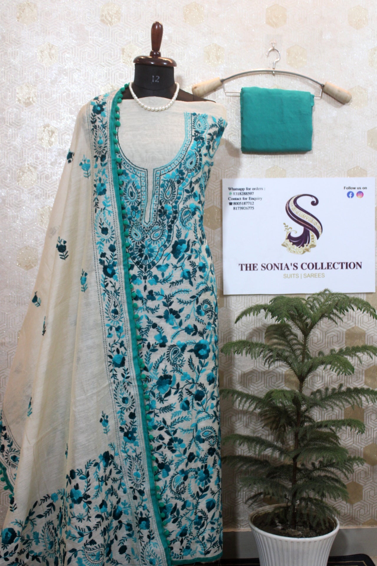 0013 - Off White with Turquoise Blue Embroidery Phulkari Suit