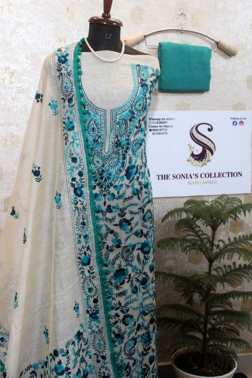 0013 - Off White with Turquoise Blue Embroidery Phulkari Suit
