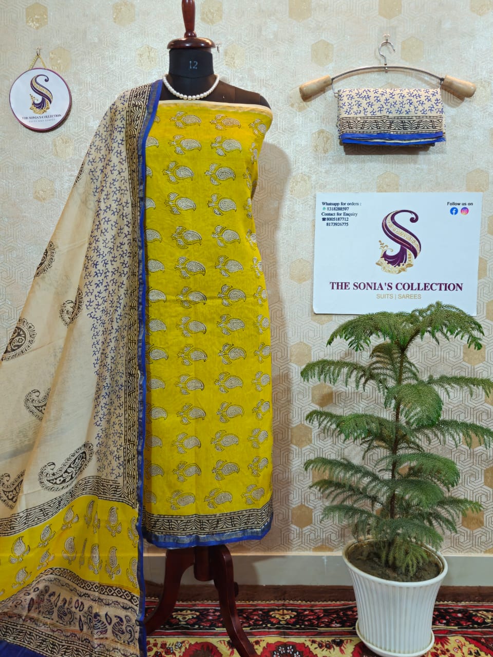 042 - Yellow and Blue Bagru Print Suit