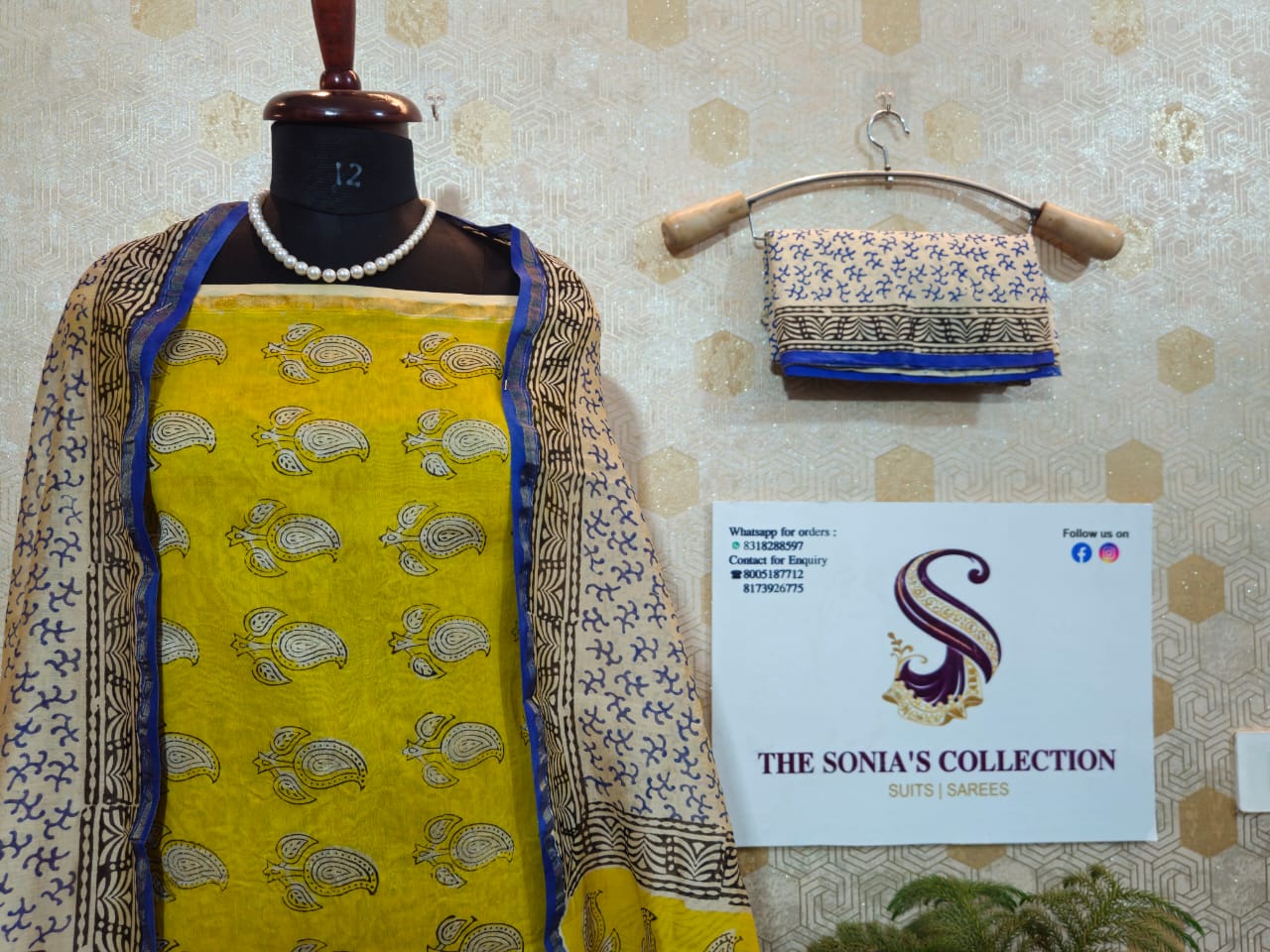 042 - Yellow and Blue Bagru Print Suit