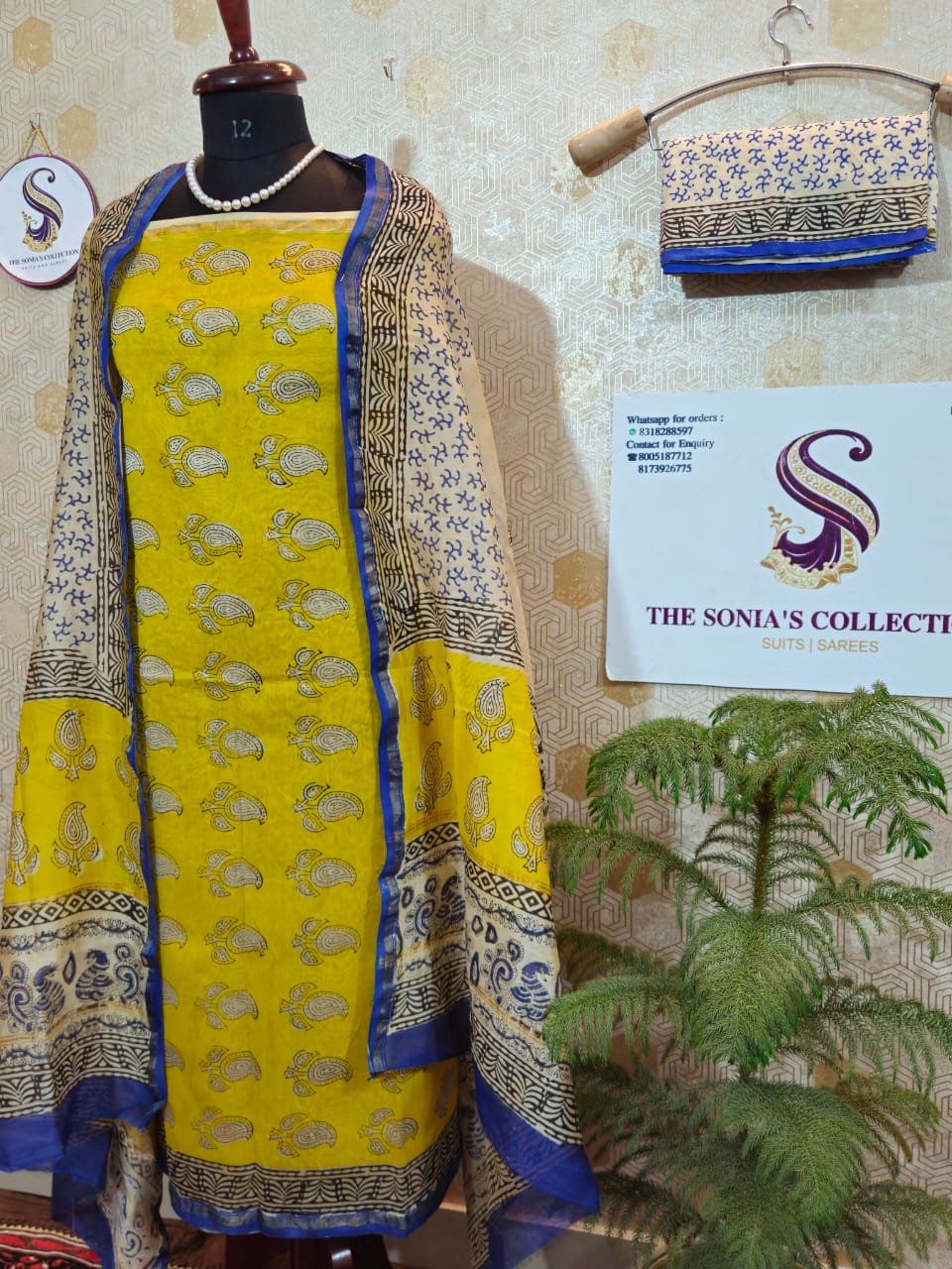 042 - Yellow and Blue Bagru Print Suit