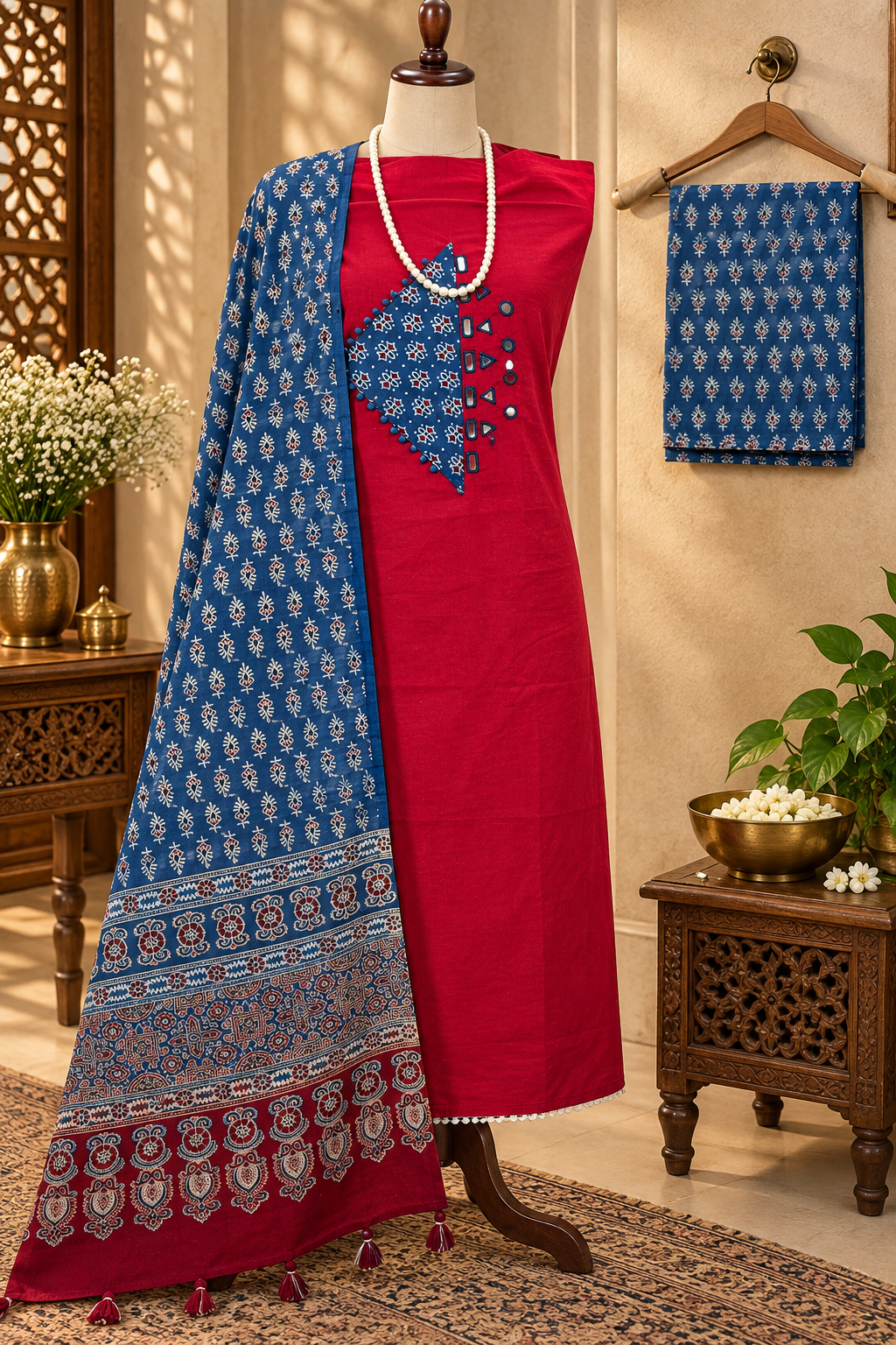 083- Blue and Red Ajrak Suit