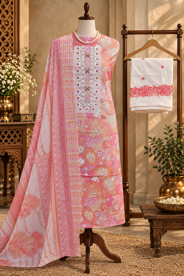 114- Beautiful Pink and Orange Cotton Suit