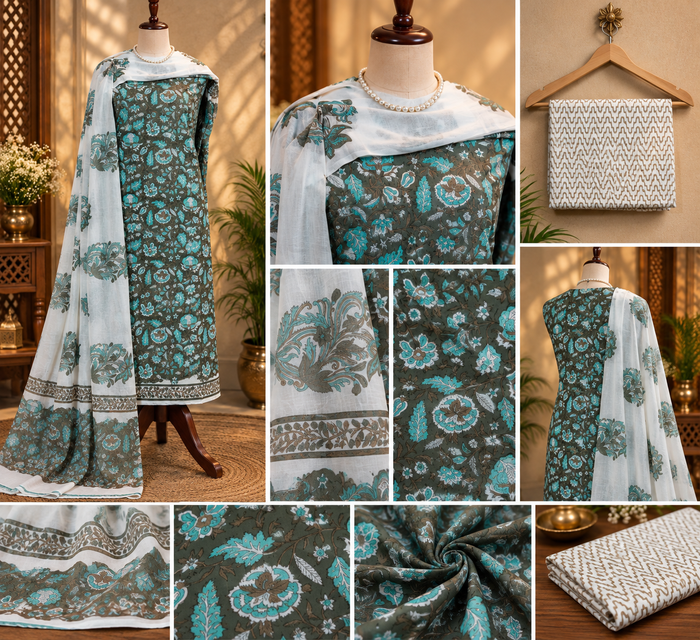 048 - Olive Green Cotton Bagru Print Suit