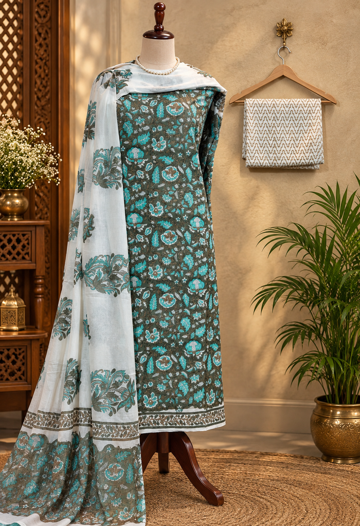 048 - Olive Green Cotton Bagru Print Suit