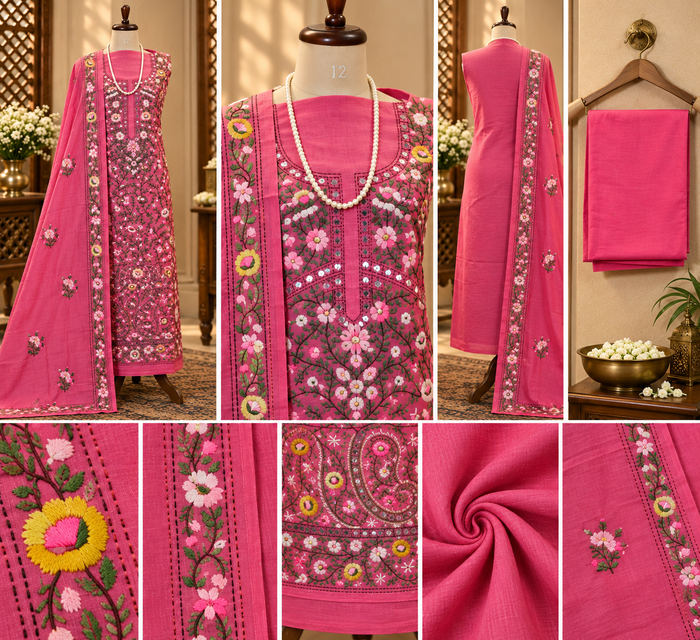 076 - Pink with Yellow Chanderi Phulkari Suit