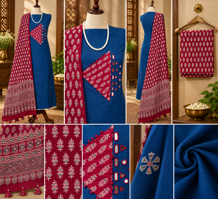 084- Red and Blue Ajrak Suit