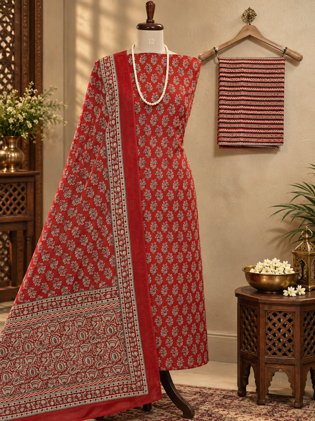 073 : Red Jaipuri Pure Cotton Suit