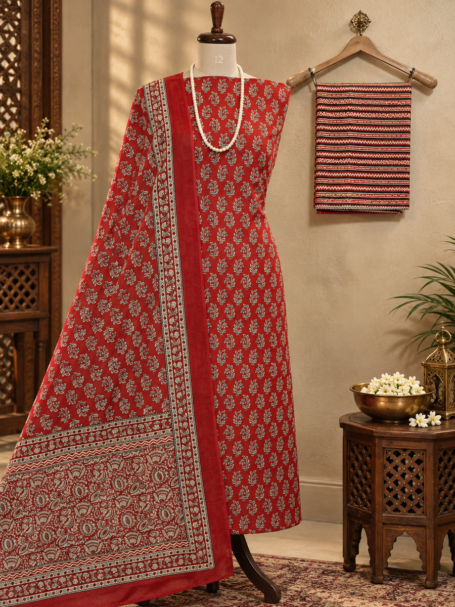 073 : Red Jaipuri Pure Cotton Suit