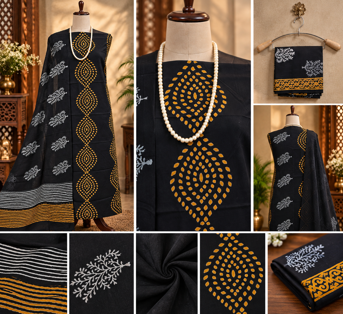 051 - Black Cotton Bagru Print Suit