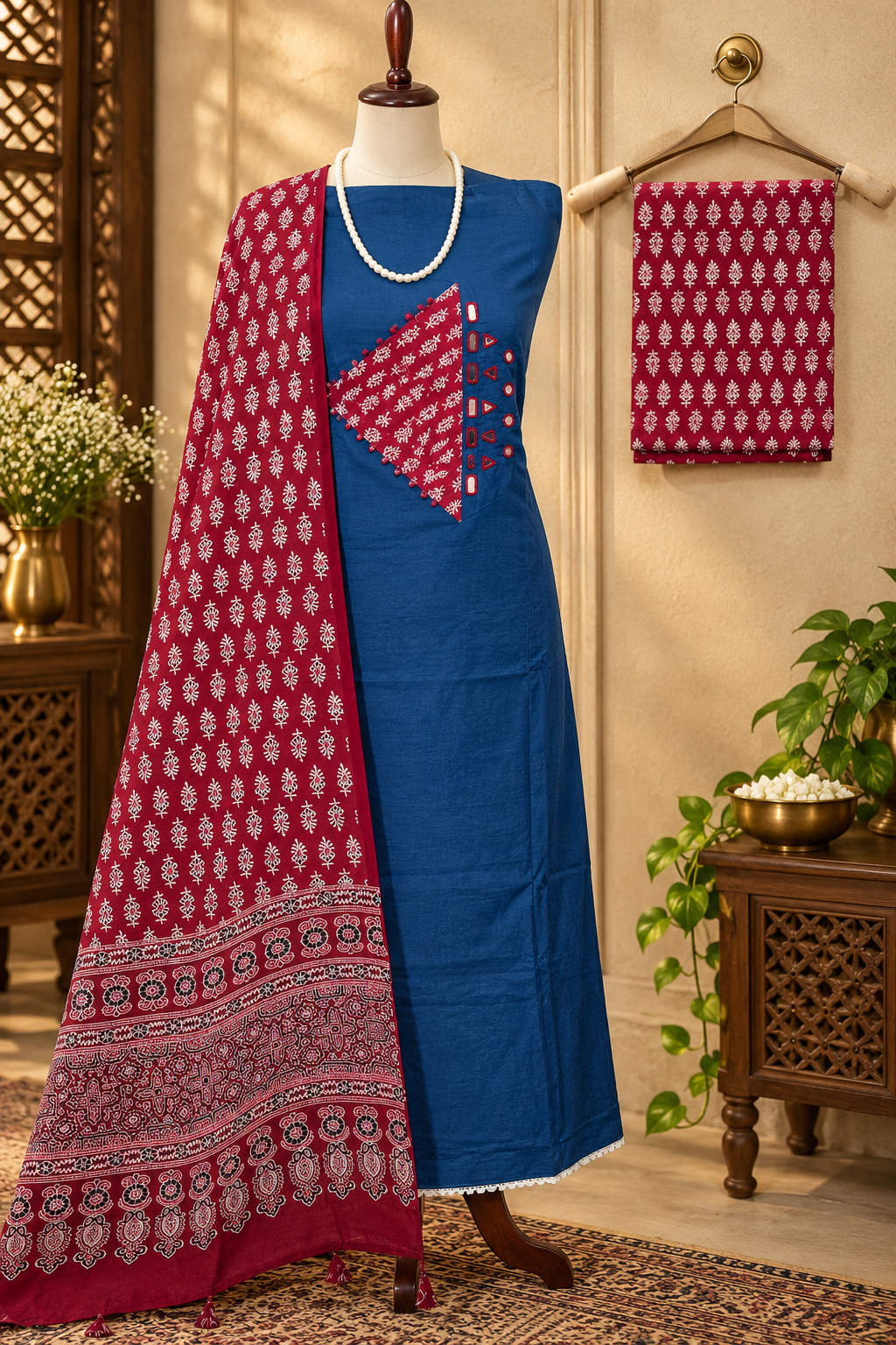 084- Red and Blue Ajrak Suit