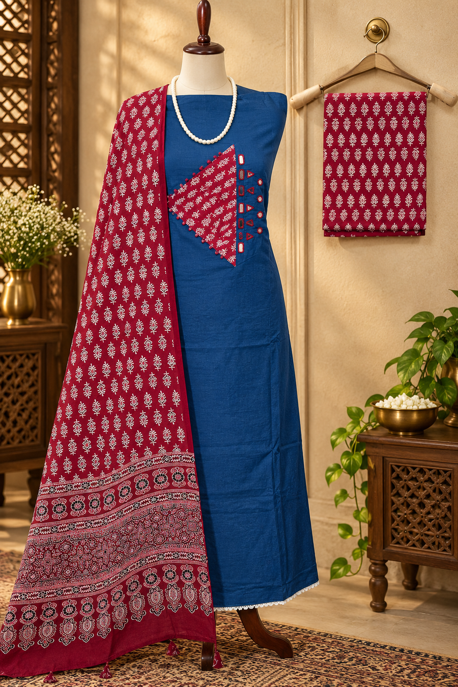 084- Red and Blue Ajrak Suit