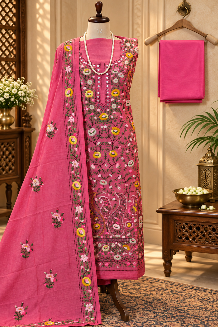 076 - Pink with Yellow Chanderi Phulkari Suit