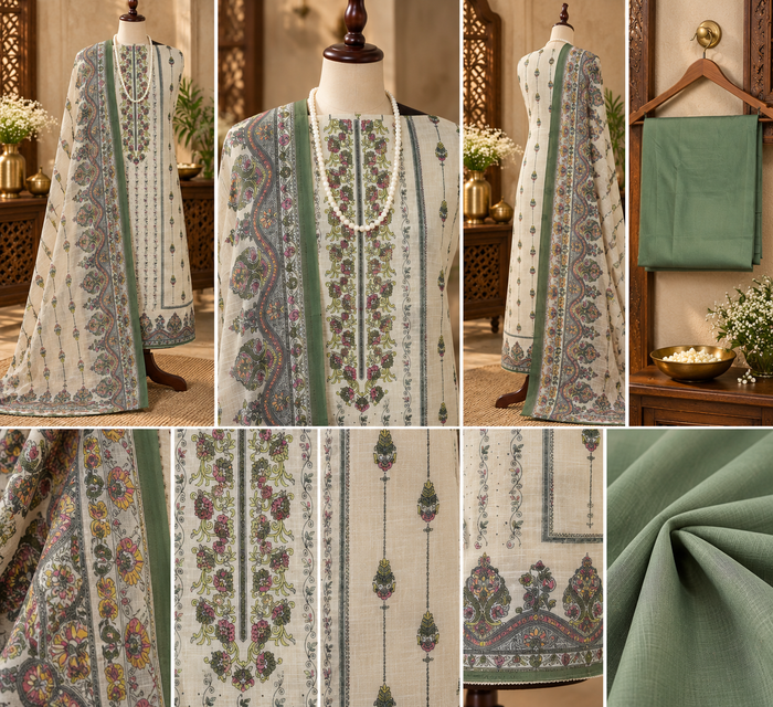 096-Offwhite and Green Linen Suit