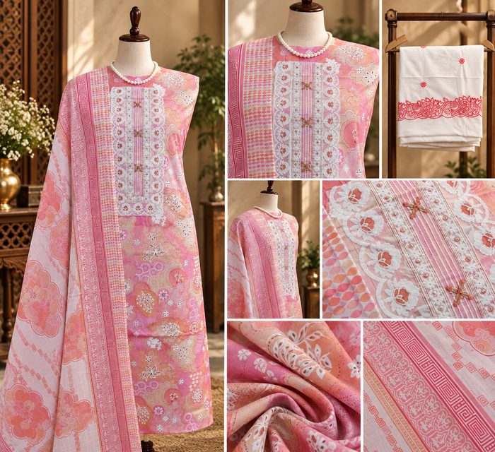114- Beautiful Pink and Orange Cotton Suit